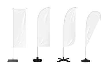 Realistic beach flags or banner stands, blank mockups of outdoor advertising, isolated vector. White beach flags, feather, bow or teardrop and rectangle banner stands on poles for promotion display