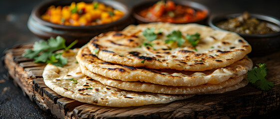 Fresh Indian naan bread served on a rustic wooden board with coriander garnish