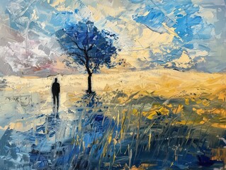 This expressive artwork captures a solitary figure and a tree amidst a burst of color and dynamic brushstrokes, suggesting isolation and contemplation in nature