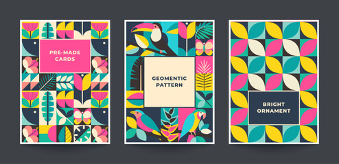 Collection of three trendy vector bright cards with patterns assembled from squares with natural elements and geometric ornament.