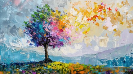 A vividly painted tree demonstrates a burst of colors, symbolizing vitality among the tranquil landscape background, creating a visually stunning contrast
