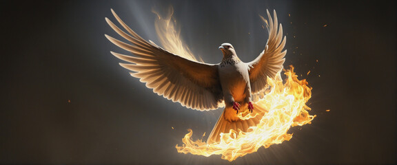 Winged dove in flames, a representation of the New Testament Holy Spirit with copy space - obrazy, fototapety, plakaty