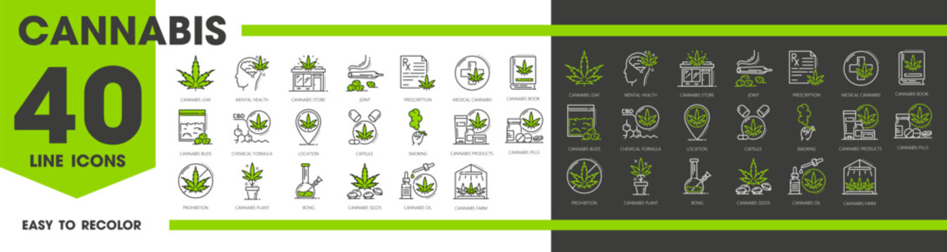 Medical cannabis line icons, cbd and marijuana, weed extract symbols set. Vector leaves, seeds and plant, pills, oil, and farm, store building, prescription, bong and book. Hemp products, joint, buds