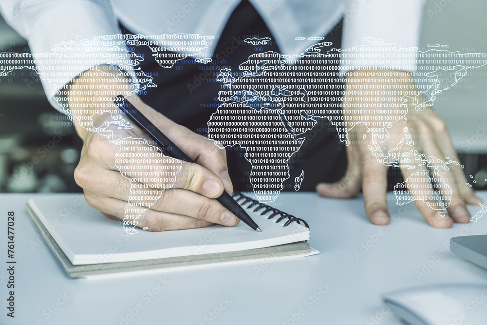 Poster multi exposure of abstract creative digital world map and hand writing in notebook on background wit