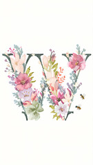 floral alphabet, floral letter W 