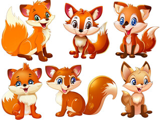 A cheerful set of cartoon foxes in various poses with bright orange fur, great for children’s books, animations, or themed decor.