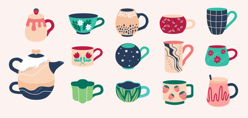 Set of various tea cups and teapot. Cute dishes different shapes and ornaments. Hand drawn color vector illustration isolated on beige background. Modern flat cartoon style.