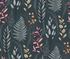 Vector seamless pattern with dried flowers, leaves and branches. Endless floral background - 761477400