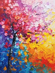 A colorful textured abstract painting depicting a tree with thick impasto technique creating a vivid and dynamic expression