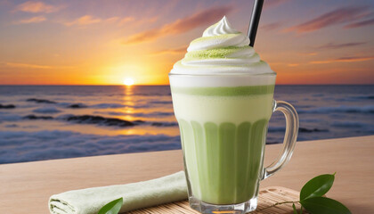 a frothy matcha latte with a stunning sunrise in the background