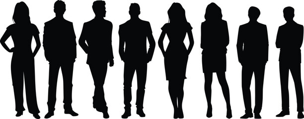 Vector silhouettes of men and a women, a group of standing and walking business people, black color with white background