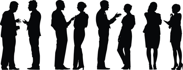 Vector silhouettes of men and a women, a group of standing and walking business people, black color with white background