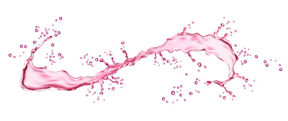 Realistic pink water swirl splash with splatters, juice or wine long wave flow, isolated vector. Transparent pink water explosion in long wave spill or pour for fruit juice drink or sweet berry syrup - obrazy, fototapety, plakaty
