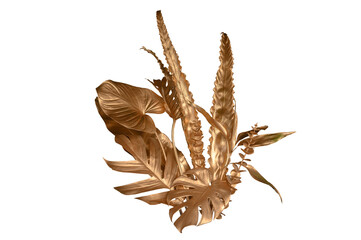 Golden tropical leaf PNG on transparent background Abstract monstera leaf decoration design, PNG.