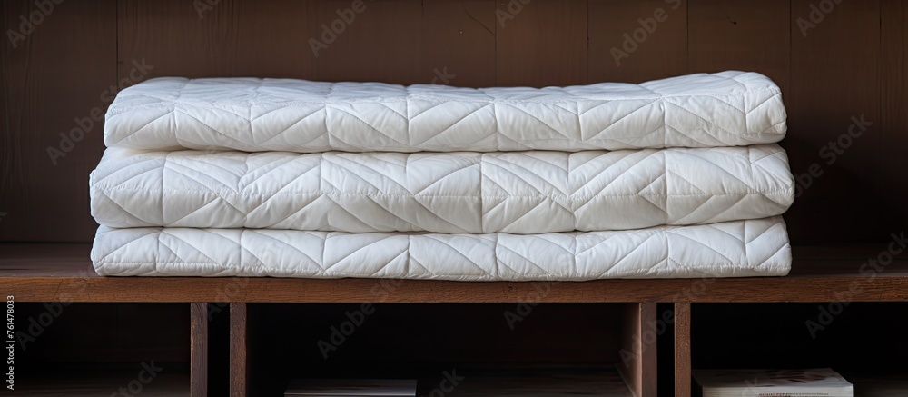 Poster three white towels sit neatly stacked on a rectangular wooden shelf. the hardwood flooring complemen