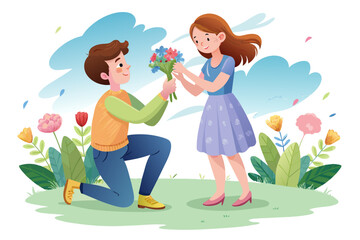 a-boy-is-proposing-to-a-girl-with-flowers-water-color vector design.