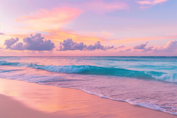 Fototapeta premium Beautiful sunset on the beach with soft waves and pastels colors