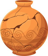 Ancient broken vase, ceramic cracked pot or jug and antique pottery, vector bowl. Old clay vase with cracks, Roman or Greek and archeological earthenware with antique ornament on cracked pot pieces
