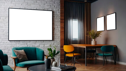 interior in loft, industrial style, 3d, mock up poster frame in modern interior. AI generation