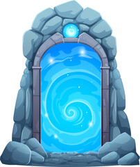Magic portal door for fantasy game, gate in stone rock arch with blue plasma, cartoon vector. Portal door or parallel world entrance for time and space teleport, mystery doorway portal in cave - 761478472