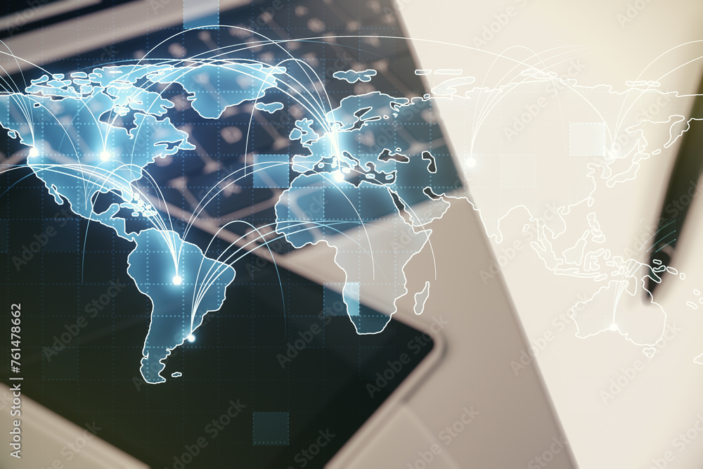 Poster Abstract graphic digital world map with connections on modern computer background, globalization concept. Multiexposure