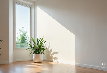 Minimalist interior design with plant in pot and sunlight