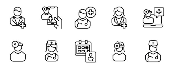 physician medicals doctor icon line set. nurse and paramedic health care specialist consultation vector illustration for web and app