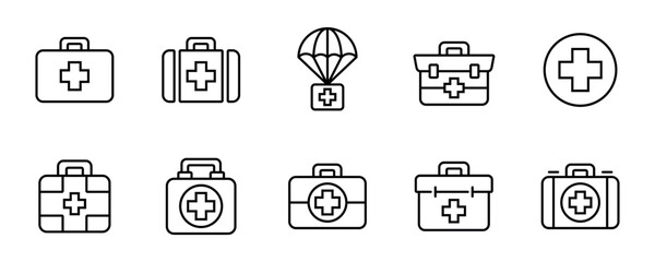 emergency medical aid box icon set first medkit medicine case vector illustration line style collection