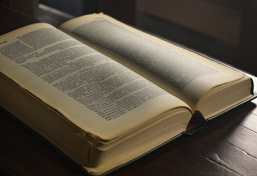 Open bible on the table in a dark room with rays of light