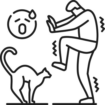 Human ailurophobia phobia icon, mental health. Fear of cats problem, People psychology or mental disorder linear vector pictogram, thin line symbol or sign with mans cared of cat