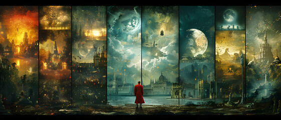 An individual stands before a wall of windows showcasing a spectrum of diverse and fantastical worlds