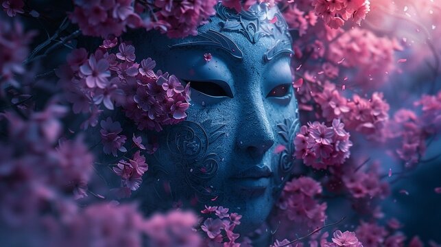 Yokai, haunting spirit mask, ancient ghost, surrounded by cherry blossom trees in full bloom, moonlit night, 3D render, backlights