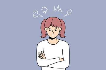 Angry little girl stands with arms crossed and looks at screen with hatred, showing disobedience or resentment. Teenage child needs parental affection to get rid of hatred and negative emotions