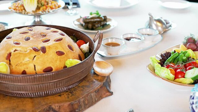 Turkish traditional flavor Perde Pilav. Local foods concept. Rice with almond and dough. Ramadan food concept.