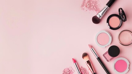 Top view of makeup items on a light pink background with copy space