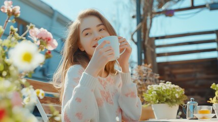 Obraz premium Young woman resting in wooden veranda in summer outdoor. Girl drinking tea in arbor