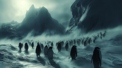 Penguins in a snowstorm in Antarctica. - obrazy, fototapety, plakaty