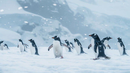 Penguins in a snowstorm in Antarctica.