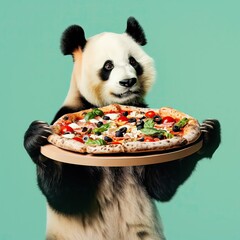 cute panda holding a very large pizza in her hands on the mint background