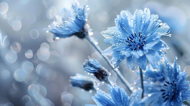 Delicate flowers on a tinted soft blue outdoor close-up. Spring summer floral background. Light air, gentle artistic image, free space.