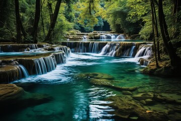 Waterfall in deep forest surrounded by jungle