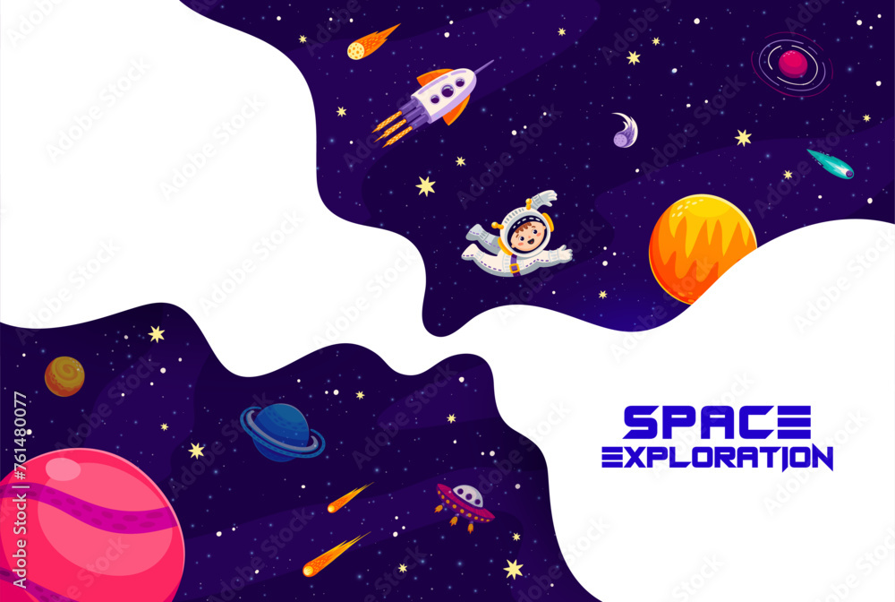 Poster space exploration banner, cartoon kid astronaut in galaxy outer space. vector background with funny 