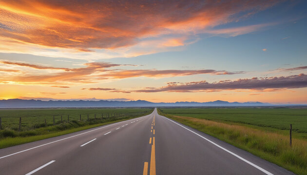 A long empty road stretching into the horizon painted in the colors of a deep mesmerizing sunset