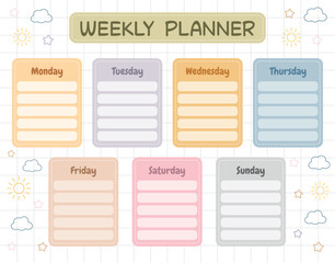 Weekly planner for kids printable template. School timetable for schoolmates. Children schedule for a week for planning daily routine, classes, hobbies. Back to school planner with rainbows and stars.