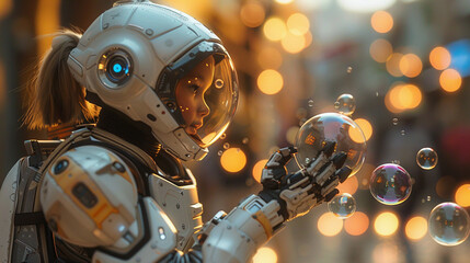 Child teaching a robot to catch bubbles, action shot that feels lively and heartwarming.