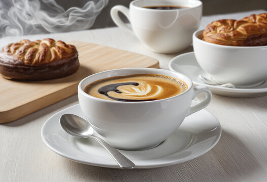 A close-up of a steaming cup of coffee next to a coffee 