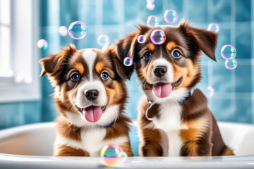 Funny portrait of two cute happy puppies washing in the bathroom with rainbow soap bubble. Little dogs showering with shampoo and looks at camera on background blue wall.