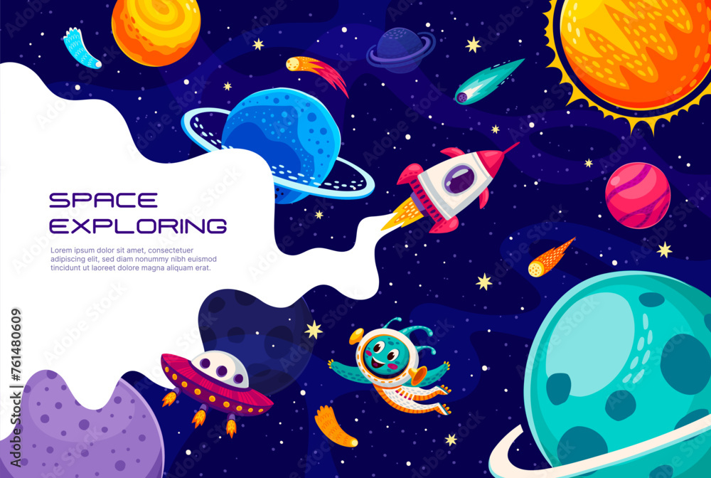 Poster space rocket in galaxy between planets and stars. vector poster with spaceship or spacecraft travel 