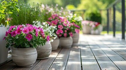 Blooming flowers in pots on the wooden floor of the veranda in spring. Gardening and floriculture background - obrazy, fototapety, plakaty