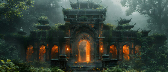 This breathtaking image captures an ancient, mystical temple glowing warmly amidst a dense, misty forest